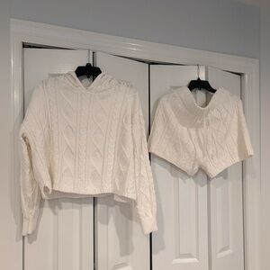 White Cable Knit Hoodie and Shorts Set